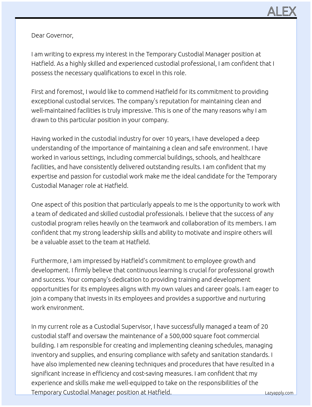 Temporary Custodial Manager At Hatfield Cover Letter