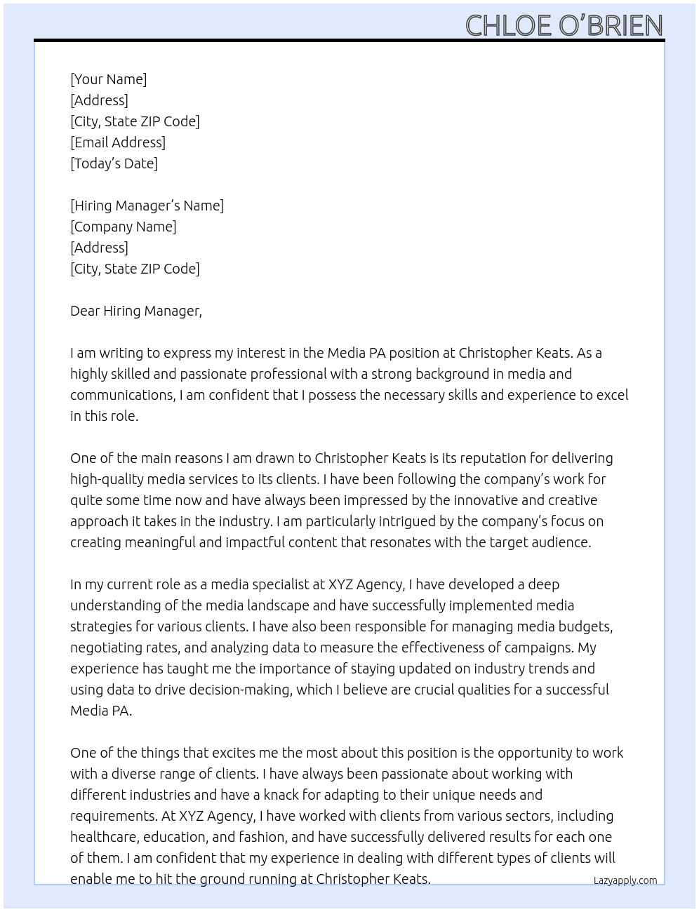 Media PA At Christopher Keats Cover Letter