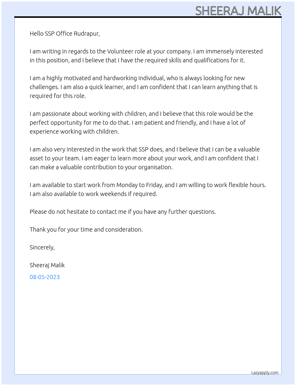 Volunteer  At SSP Office Rudrapur Cover Letter
