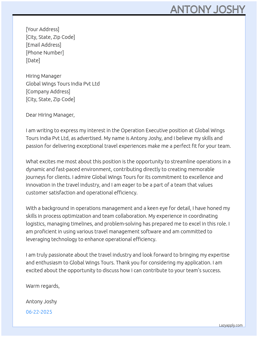 Operation Executive  At Global wings tours india pvt Ltd  Cover Letter