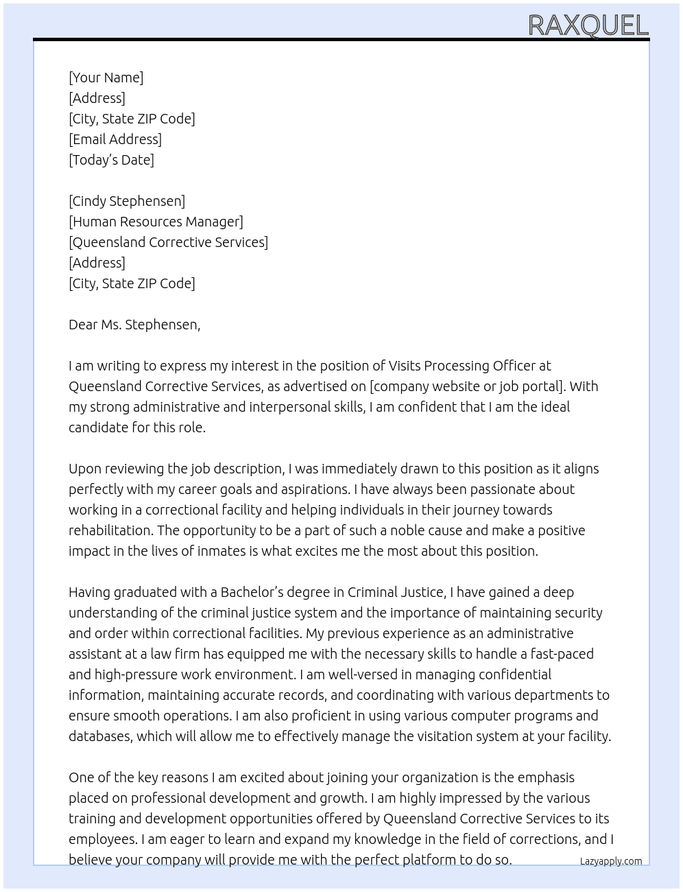 Visits processing offcier At Queensland Corrective service  Cover Letter