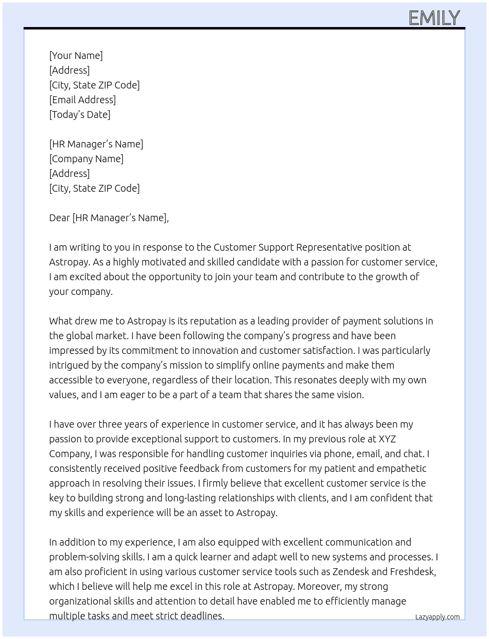 Customer Support Representative  At Astropay  Cover Letter