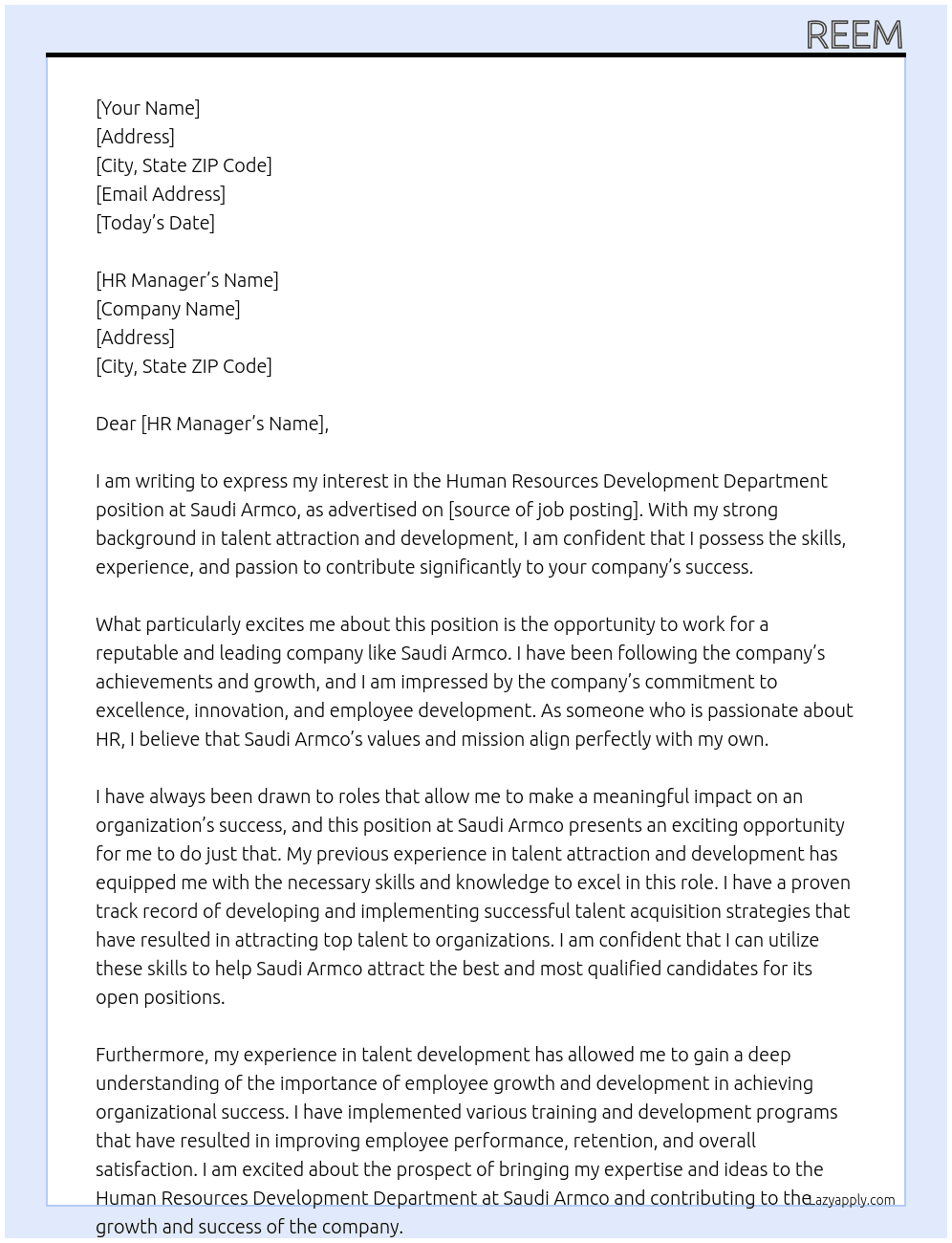 Human Resources Development Department At saudi armco  Cover Letter