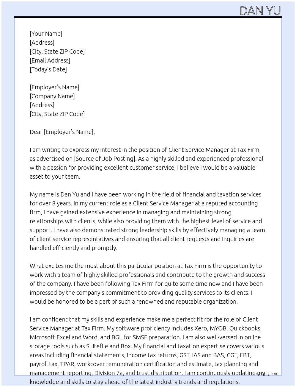 Client service manager At Tax Frim Cover Letter