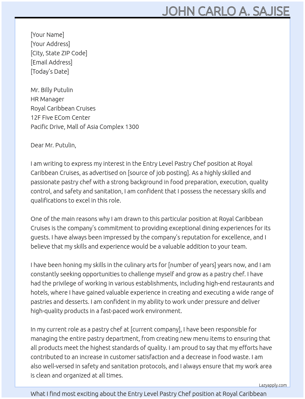 Entry Level Pastry Chef At Royal Caribbean Cruises Cover Letter