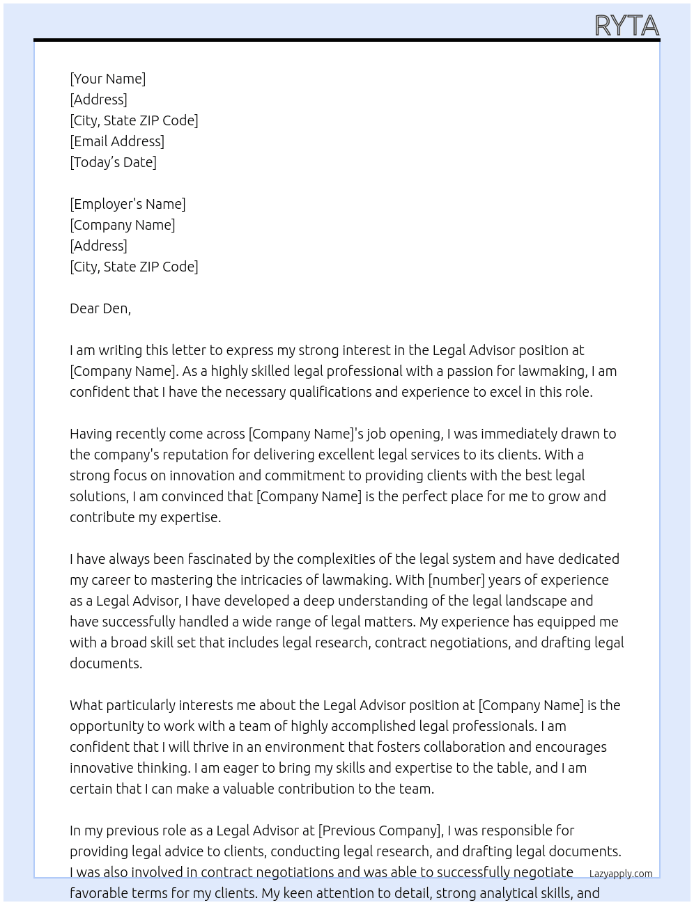 legal advisor At b Cover Letter