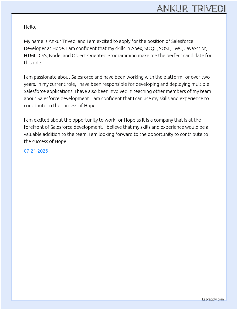 Salesforce Developer At Hope Cover Letter