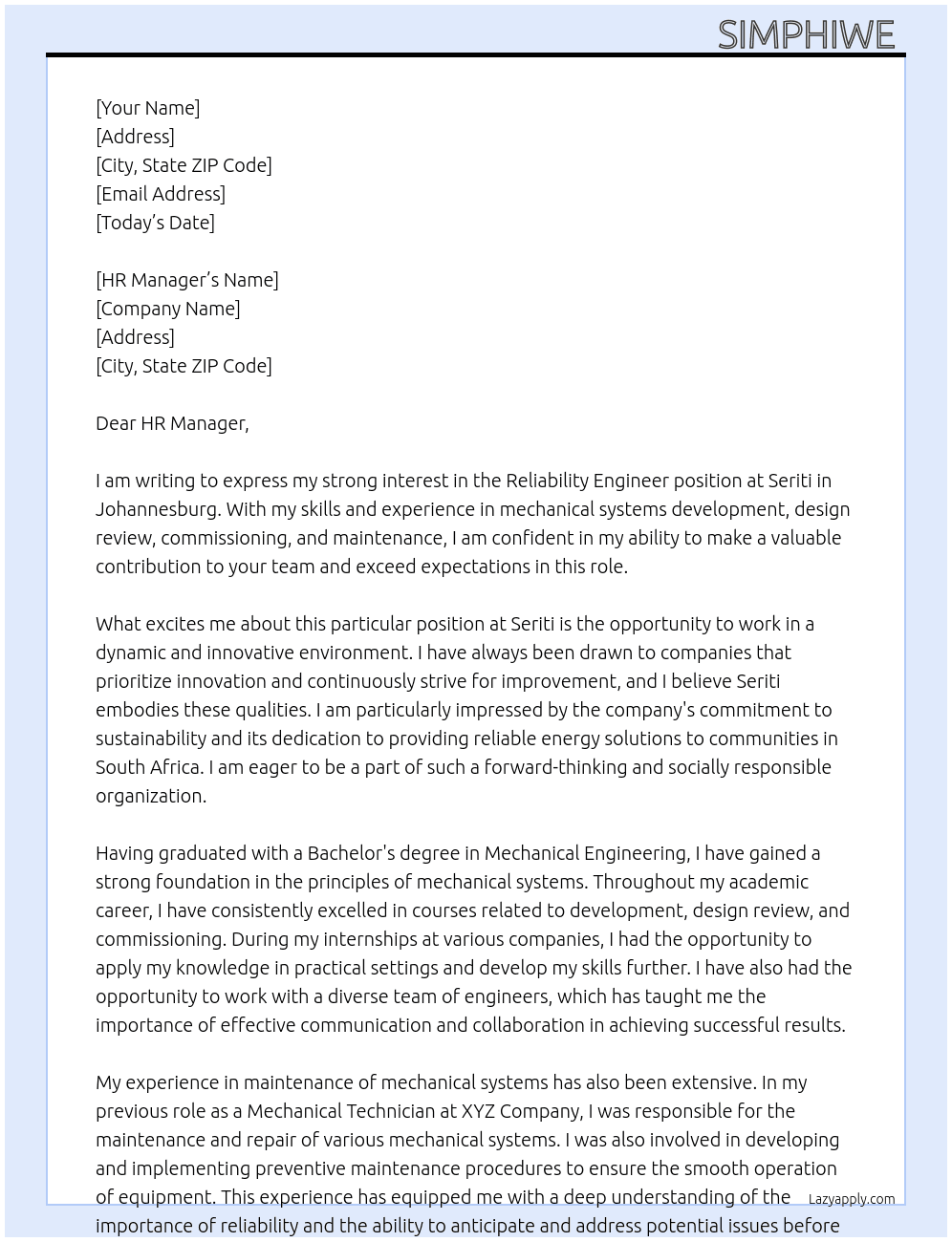 Reliability Enginer  At Seriti  Cover Letter