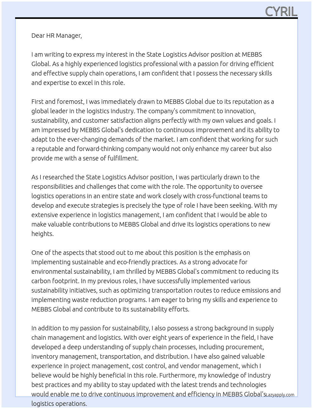 State Logistics Advisor At MEBBS Global Cover Letter