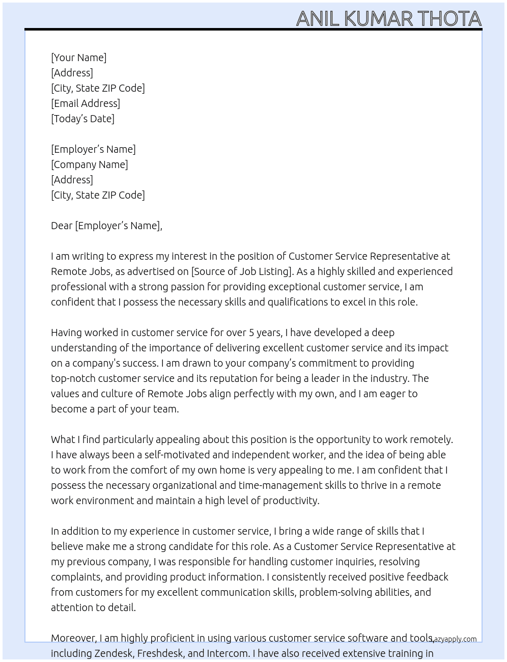 Customer Service Representive  At Remote Jobs Cover Letter