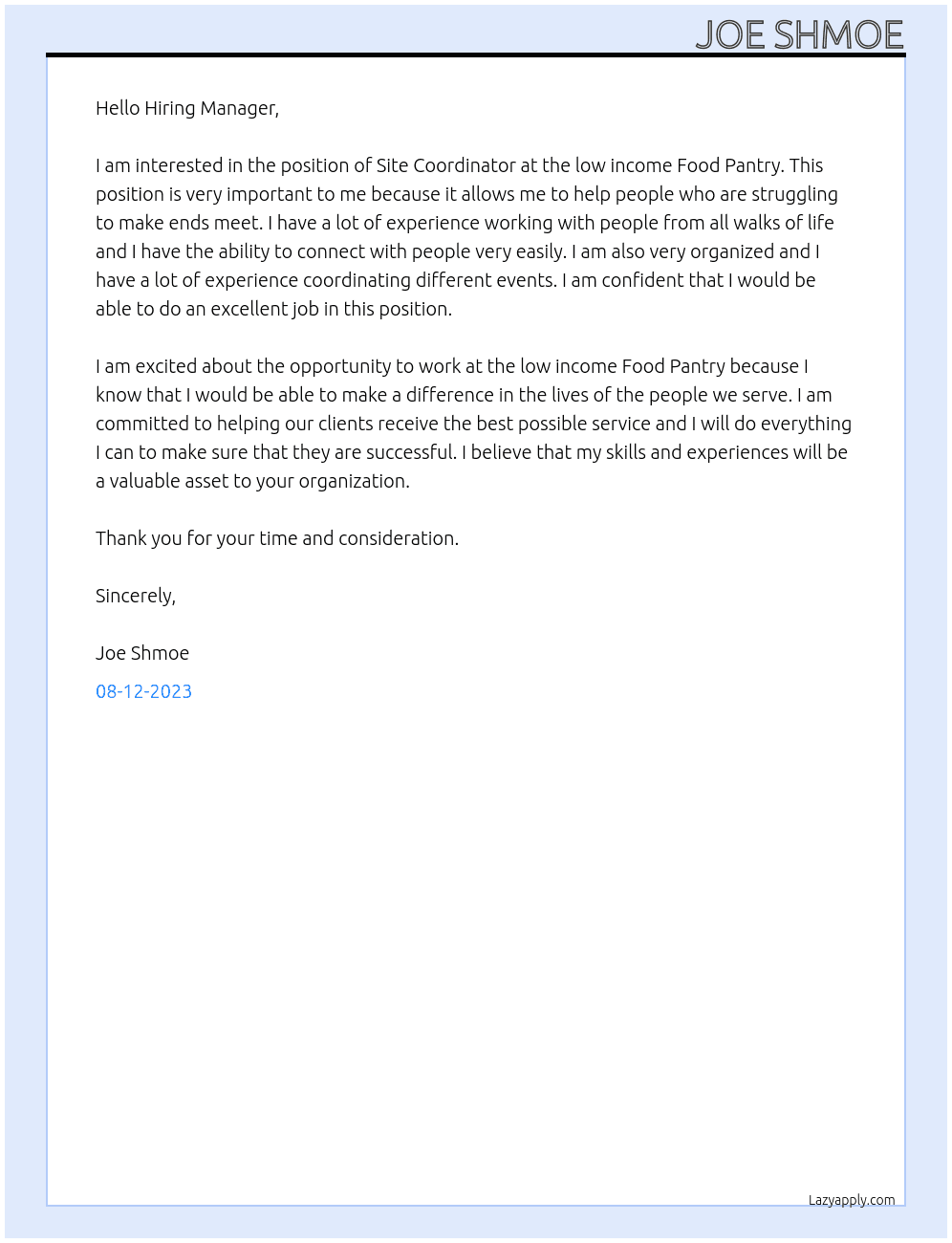 Site Coordinator  At low income Food Pantry  Cover Letter