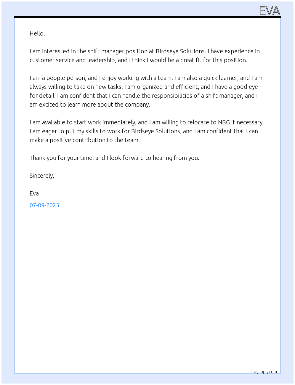 Shift manager  At Birdseye Solutions Cover Letter
