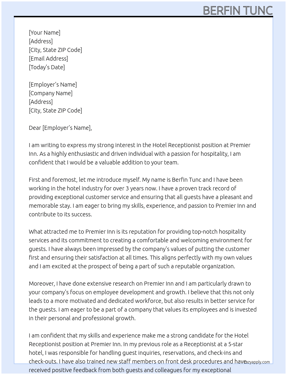 Hotel Receptionist At Premier Inn Cover Letter