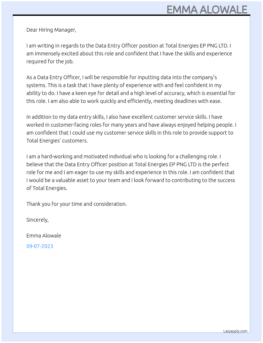 Data Entry Officer  At Total Energies EP PNG LTD Cover Letter