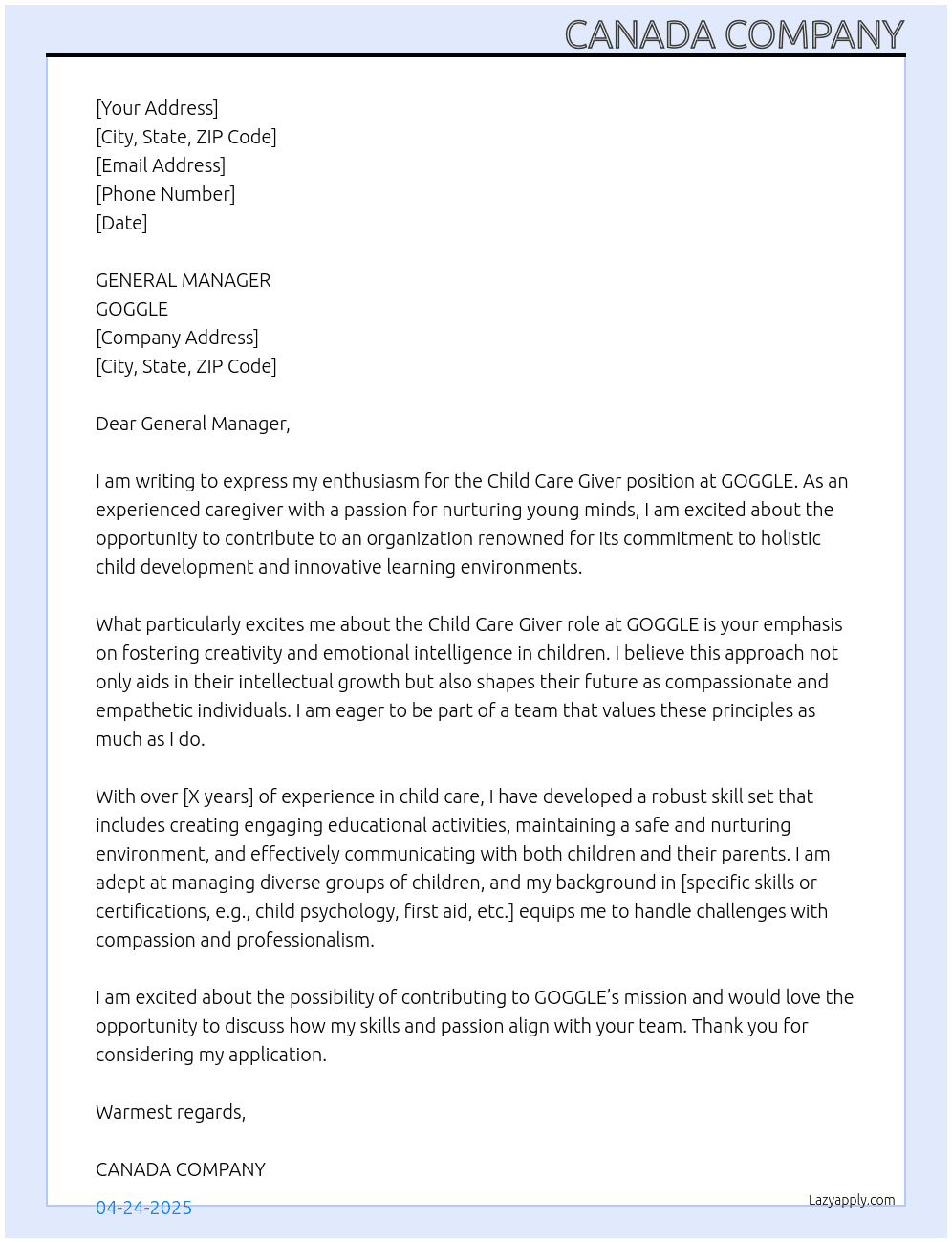 CHILD CARE GIVER At GOGGLE Cover Letter