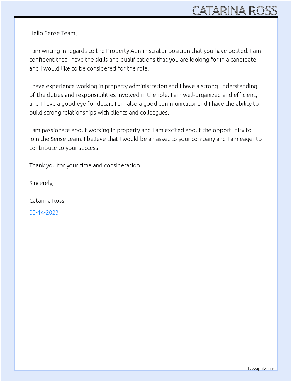 Property Administrator At Sense Cover Letter