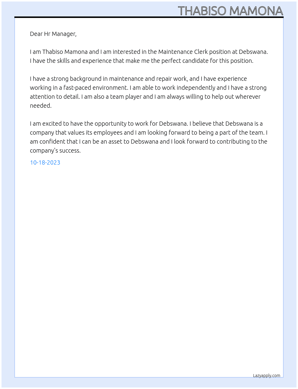 Maintenance Clerk At Debswana Cover Letter