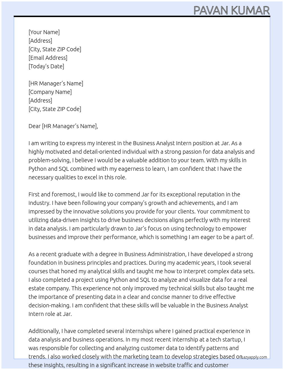 Business Analyst Intern At Jar Cover Letter