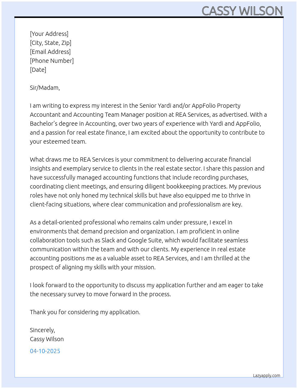 Senior Yardi and/or Appfolio Property Accountant and Accounting Team Manager At REA Services Cover Letter
