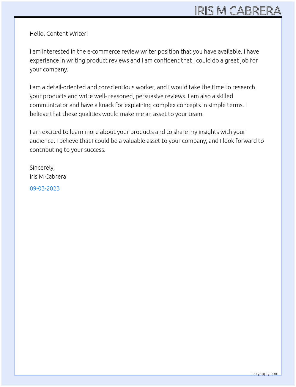E-commerce Review Writer At Content Writer Cover Letter