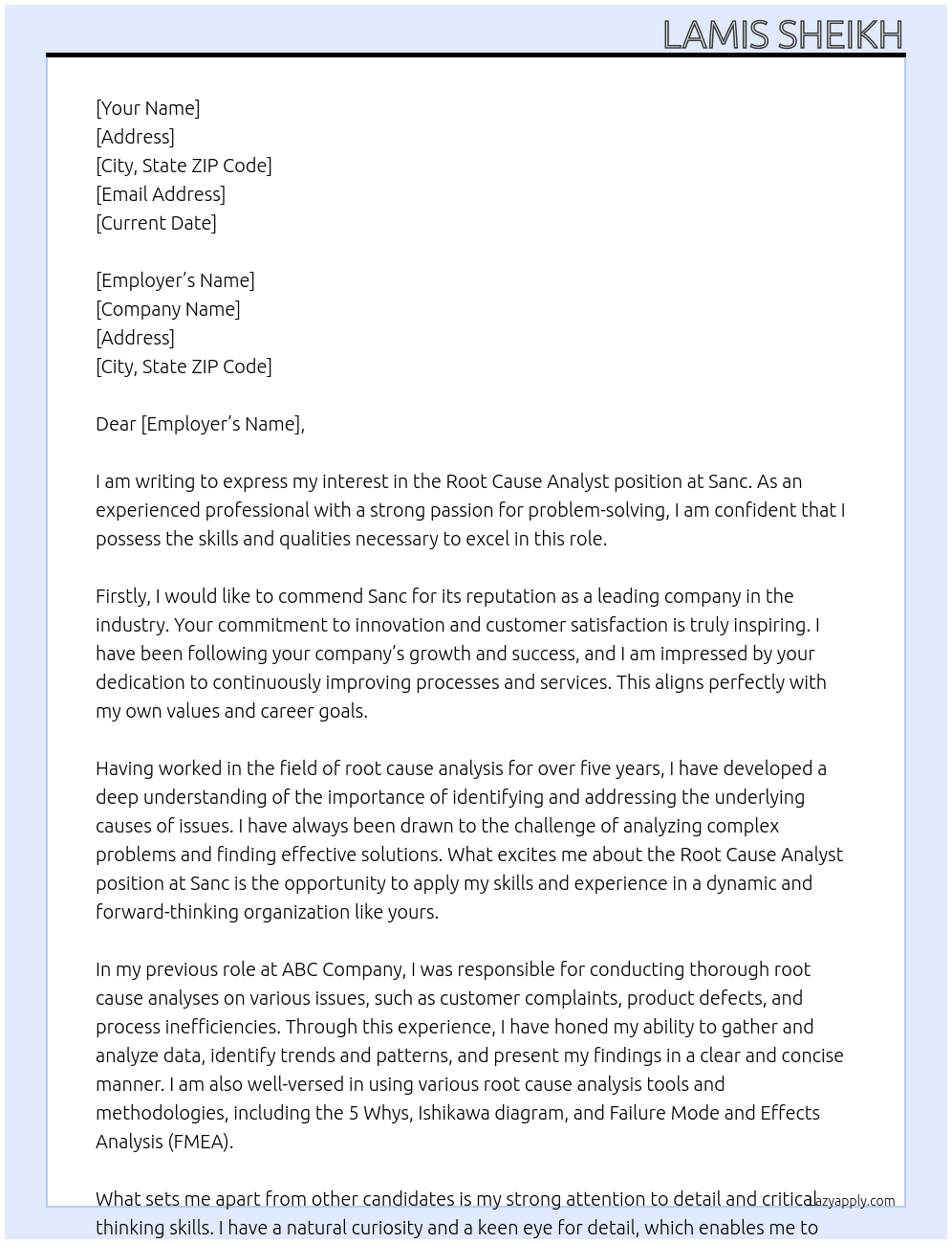Root Cause Analyst At Sanc Cover Letter