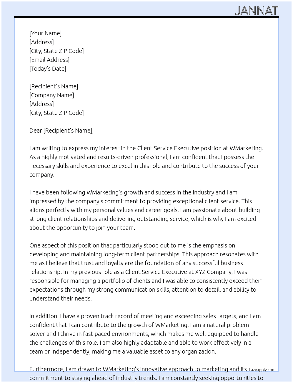 client service executive At WMarketing Cover Letter