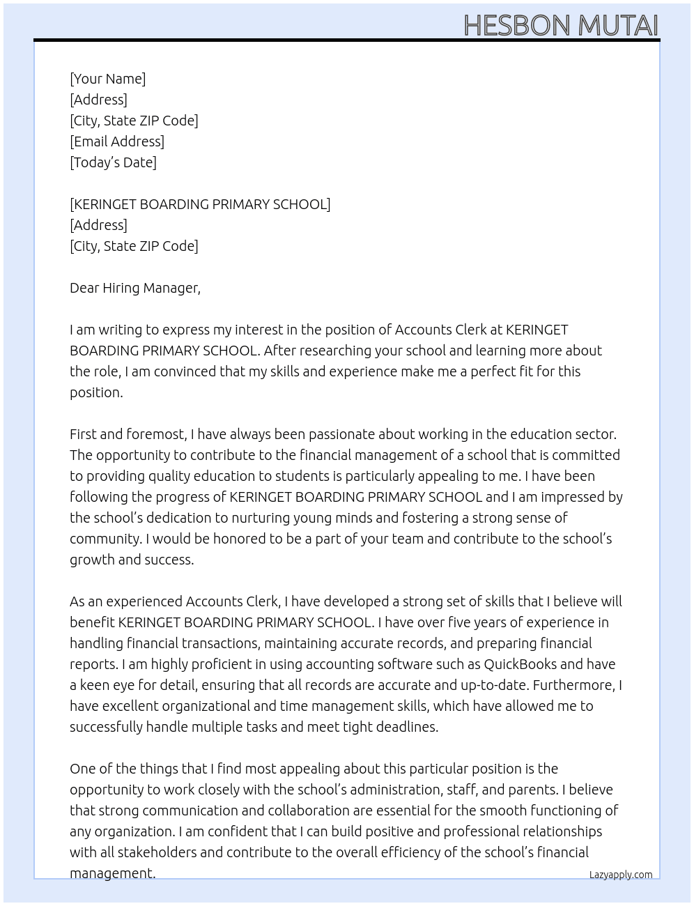 ACCOUNTS CLERK At KERINGET BOARDING PRIMARY SCHOOL Cover Letter