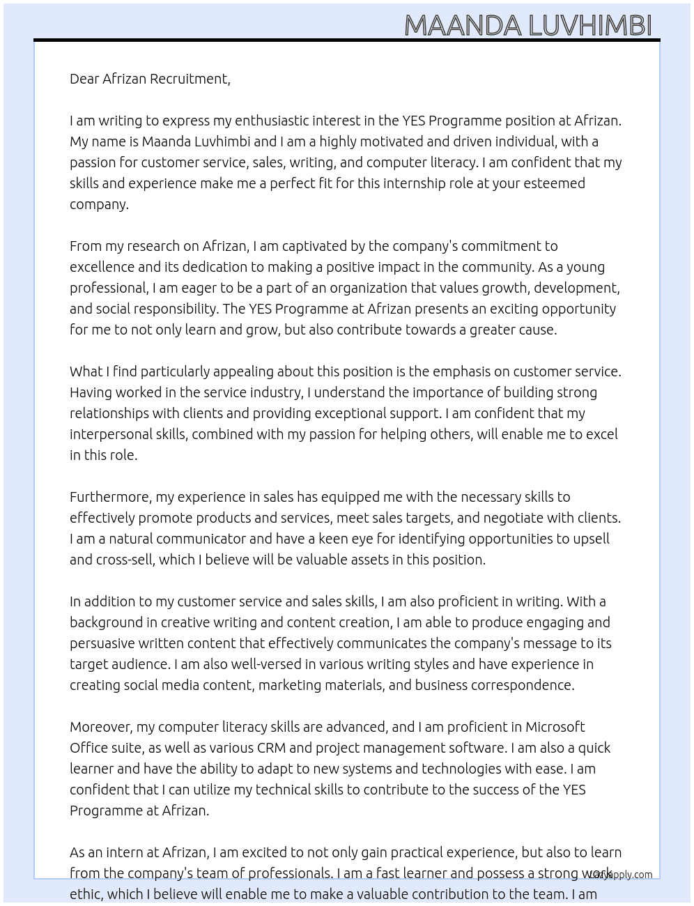 YES programme  At Afrizan  Cover Letter