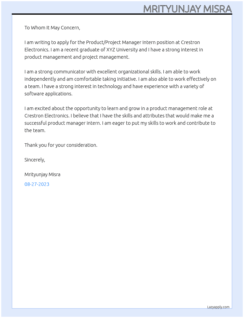 Product/Project Manager Intern At Crestron Electronics Cover Letter