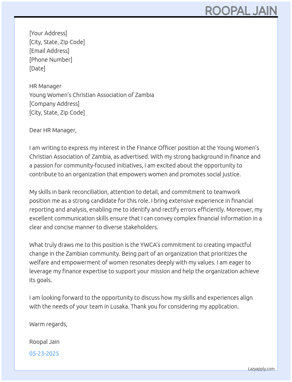 Finance Officer At Young Women’s Christian Association of Zambia Cover Letter