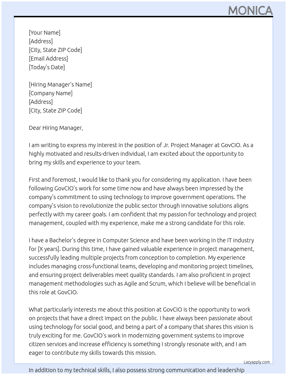 Jr. Project Manager At GovCIO Cover Letter