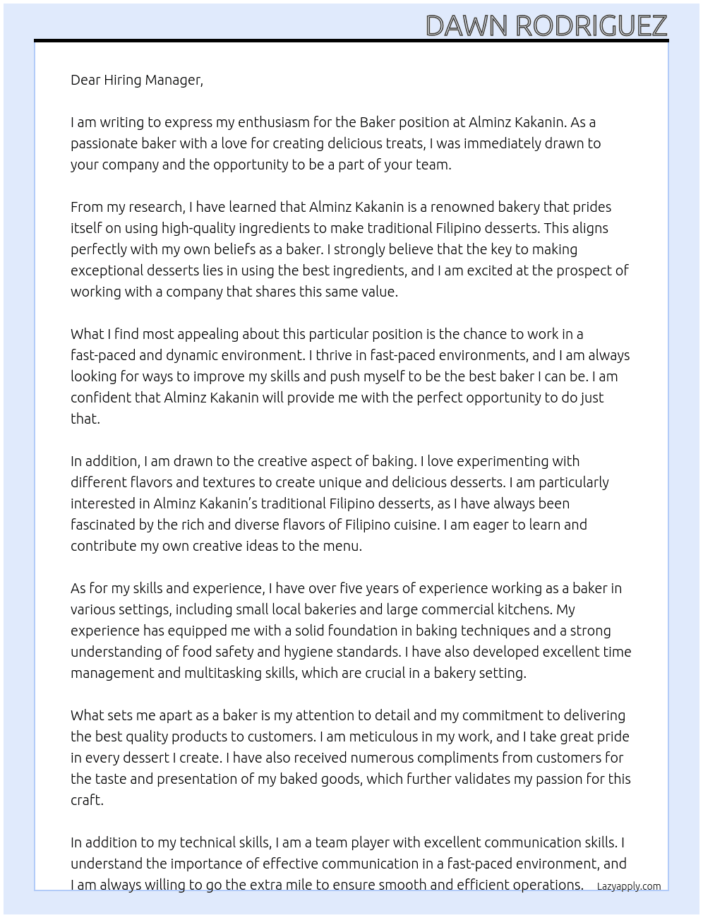 Baker At Alminz Kakanin Cover Letter