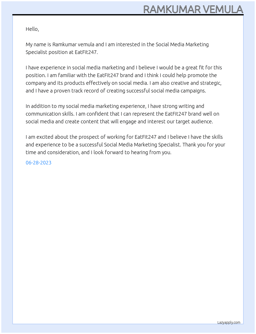Social Media Marketing Specialist At EatFit247 Cover Letter