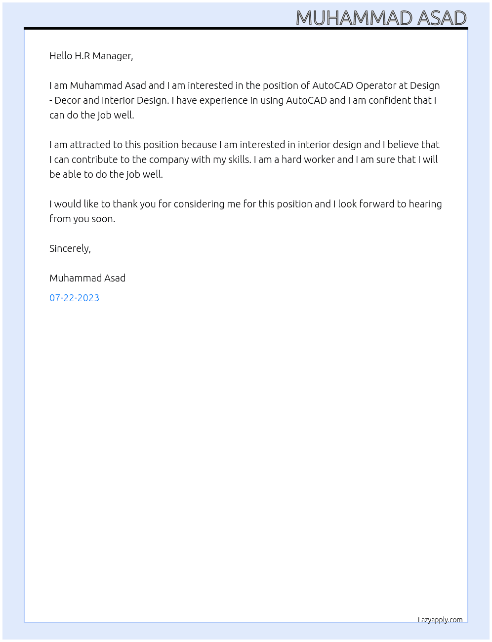 AutoCAD Operator At Design - Decor and Interior Design Cover Letter