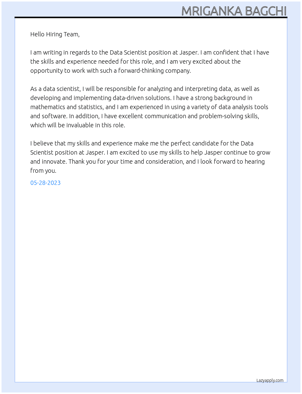 Data Scientist At Jasper Cover Letter