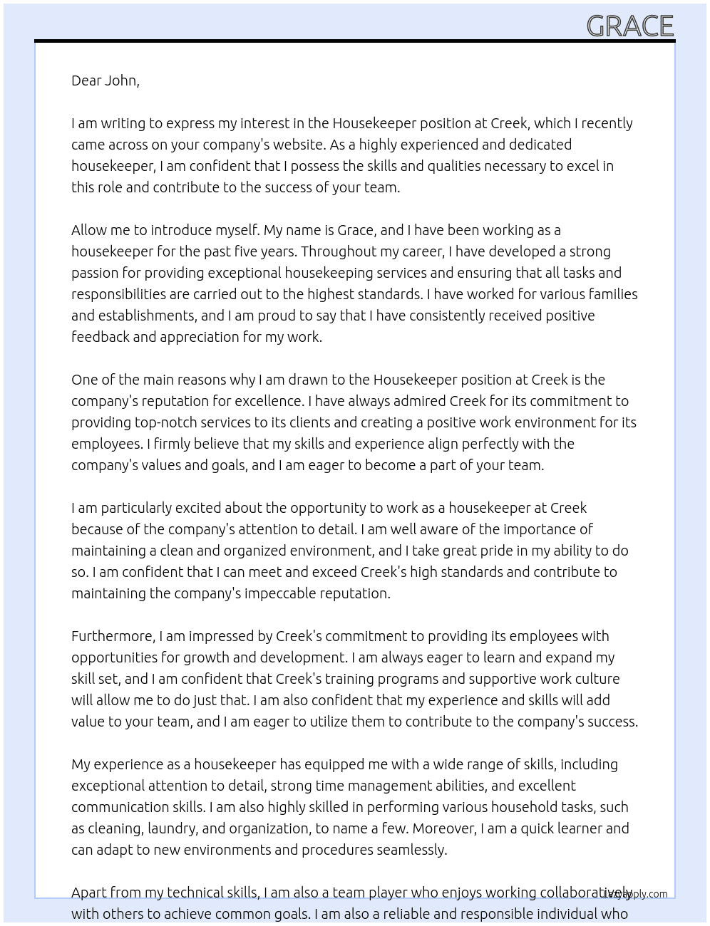 housekeeper At creek Cover Letter