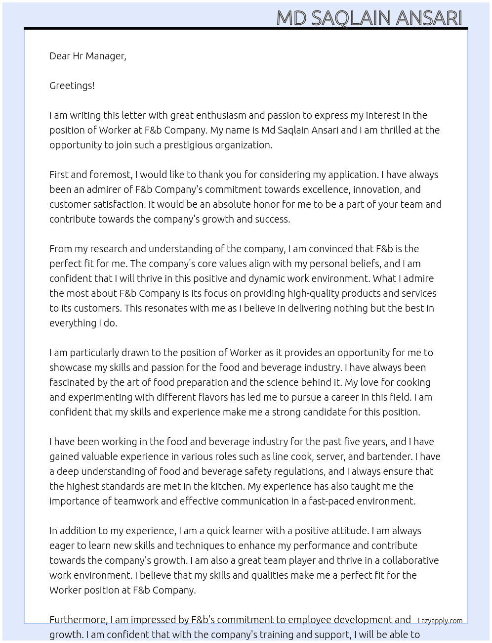 Worker  At F&b company  Cover Letter