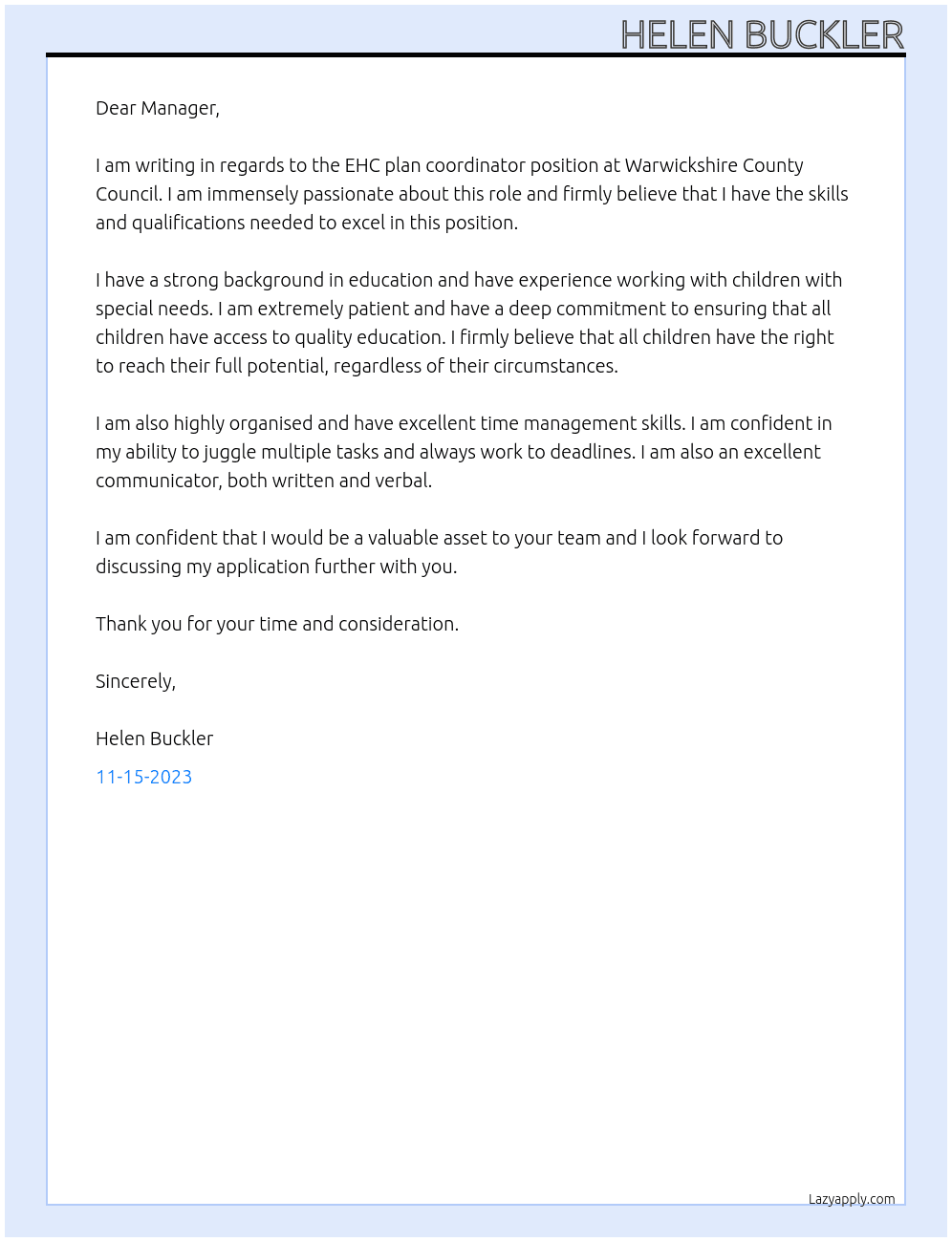 EHC plan cordinator At Warwickshire County Council  Cover Letter