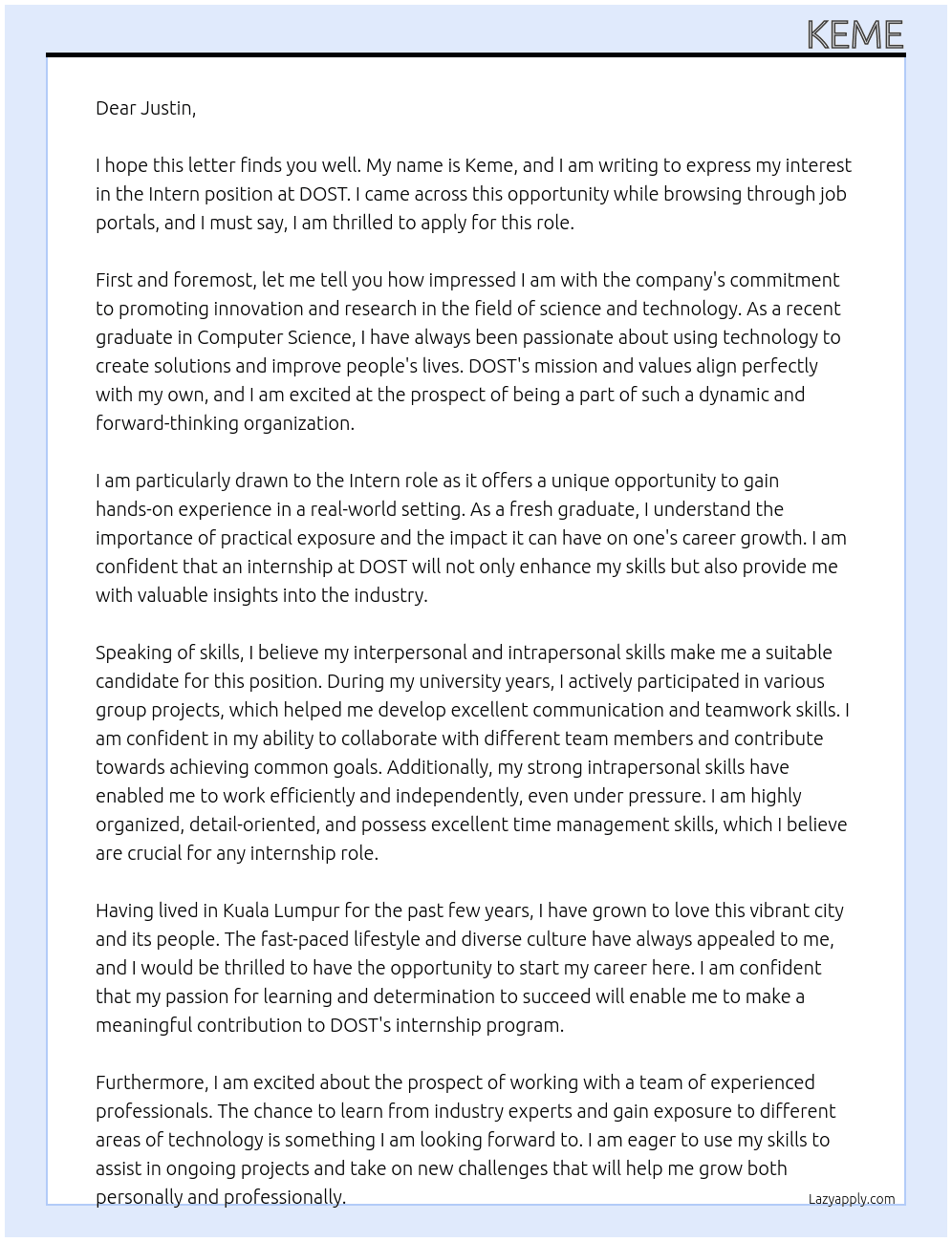 Intern At DOST Cover Letter