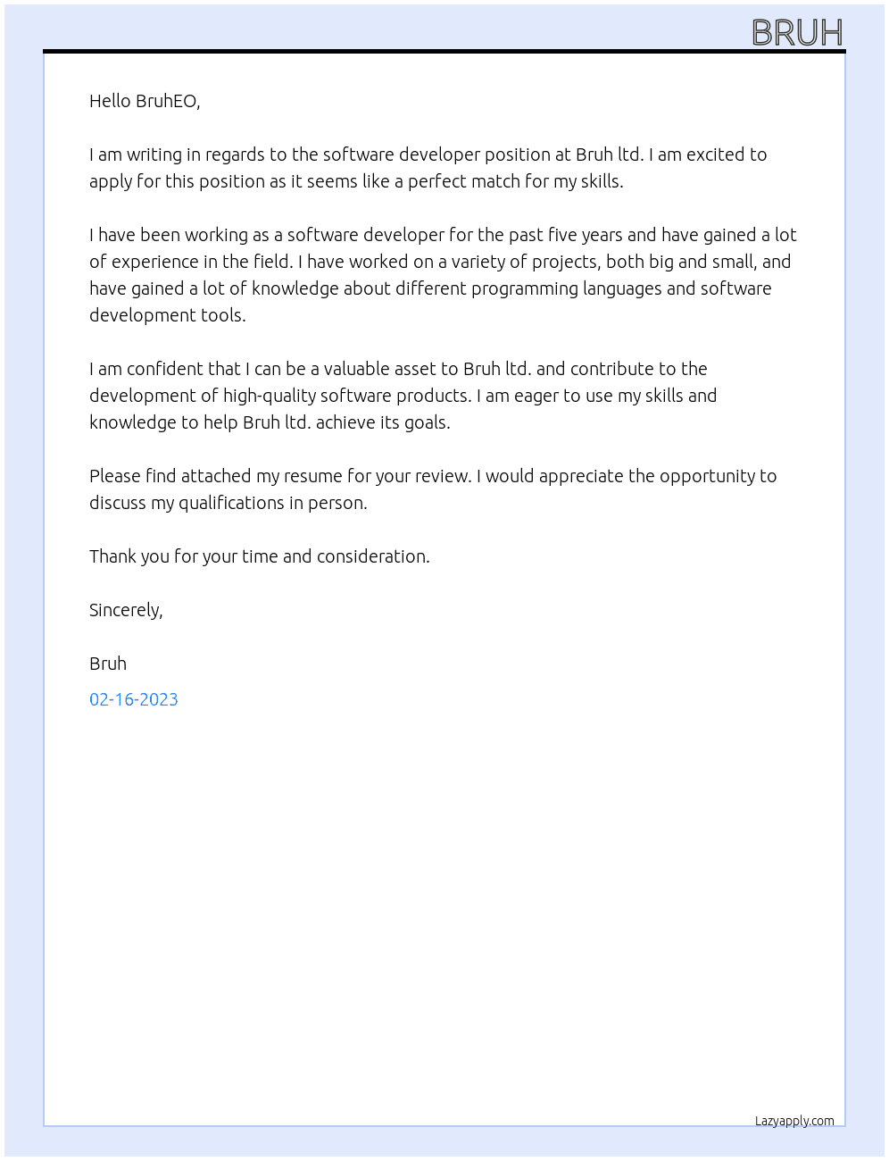 Software Developer At Bruh ltd Cover Letter