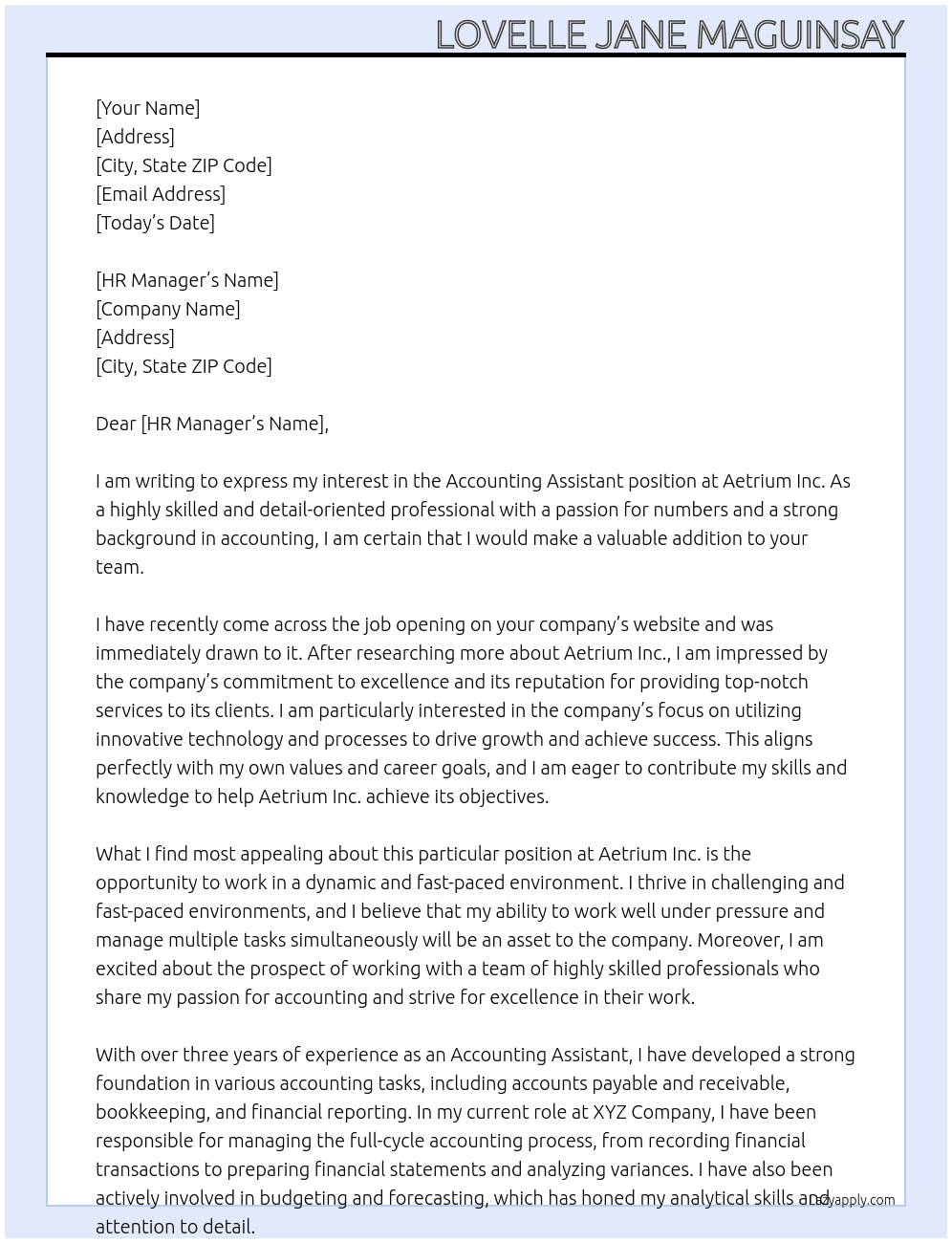 Accounting assistant At Aetrium Inc. Cover Letter
