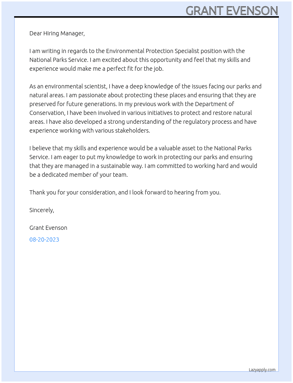 Environmental Protection Specialist At National Parks Service Cover Letter