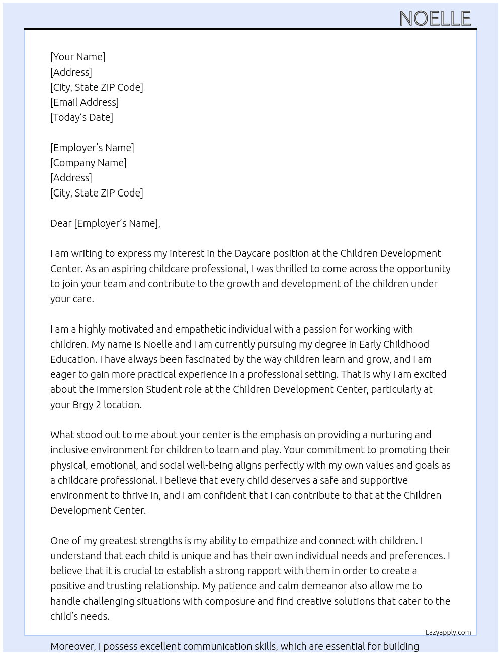 Daycare At Child development center Cover Letter