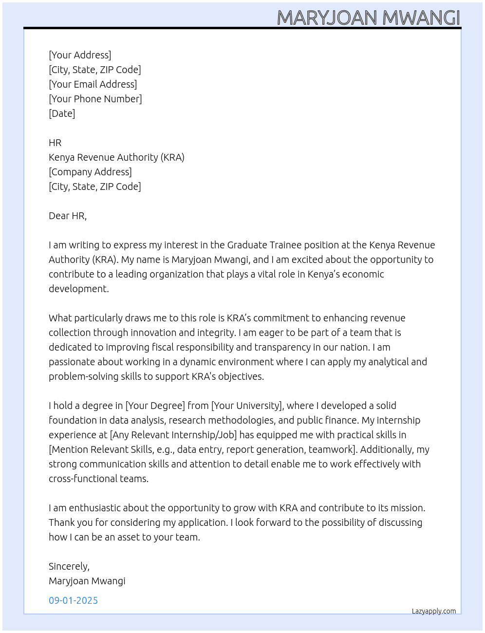 graduate trainee At KRA Cover Letter