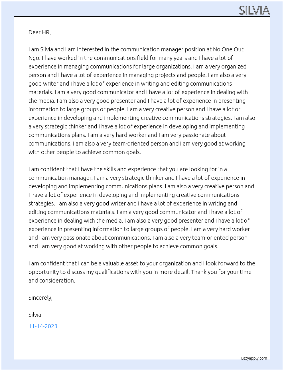 Communication manager At No One Out Ngo Cover Letter