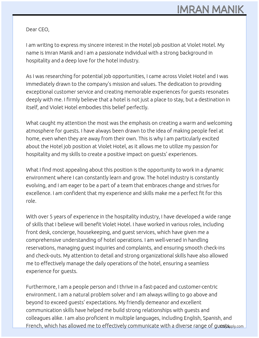 Hotel job At Violet hotel Cover Letter