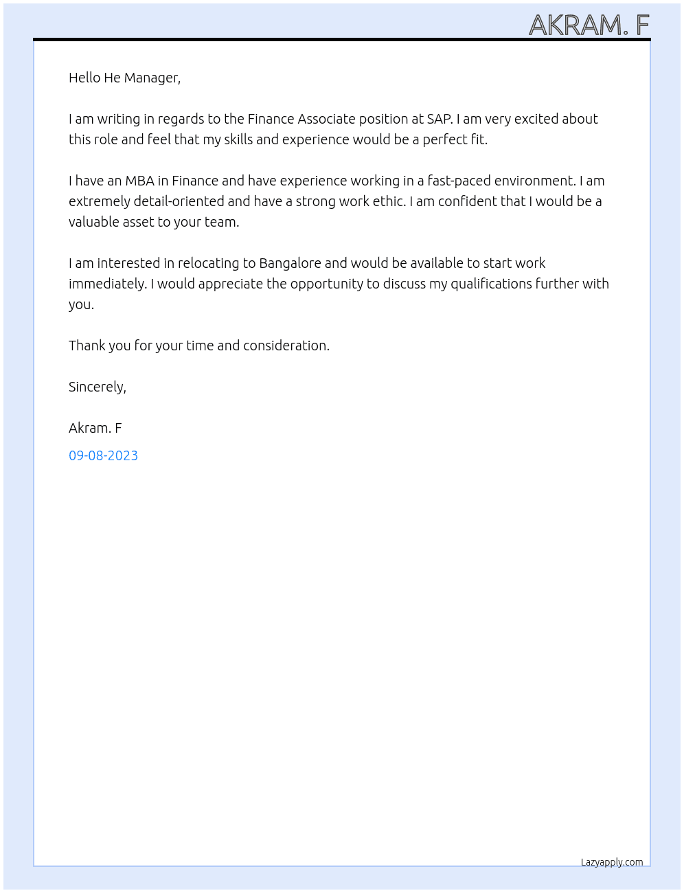 Finance Associate At SAP Cover Letter