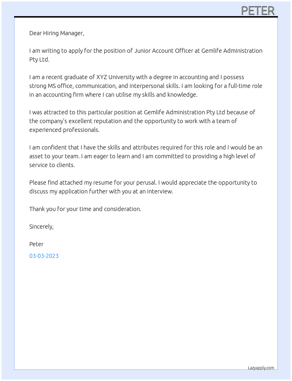 Junior account officer  At Gemlife Administration Pty Ltd Cover Letter