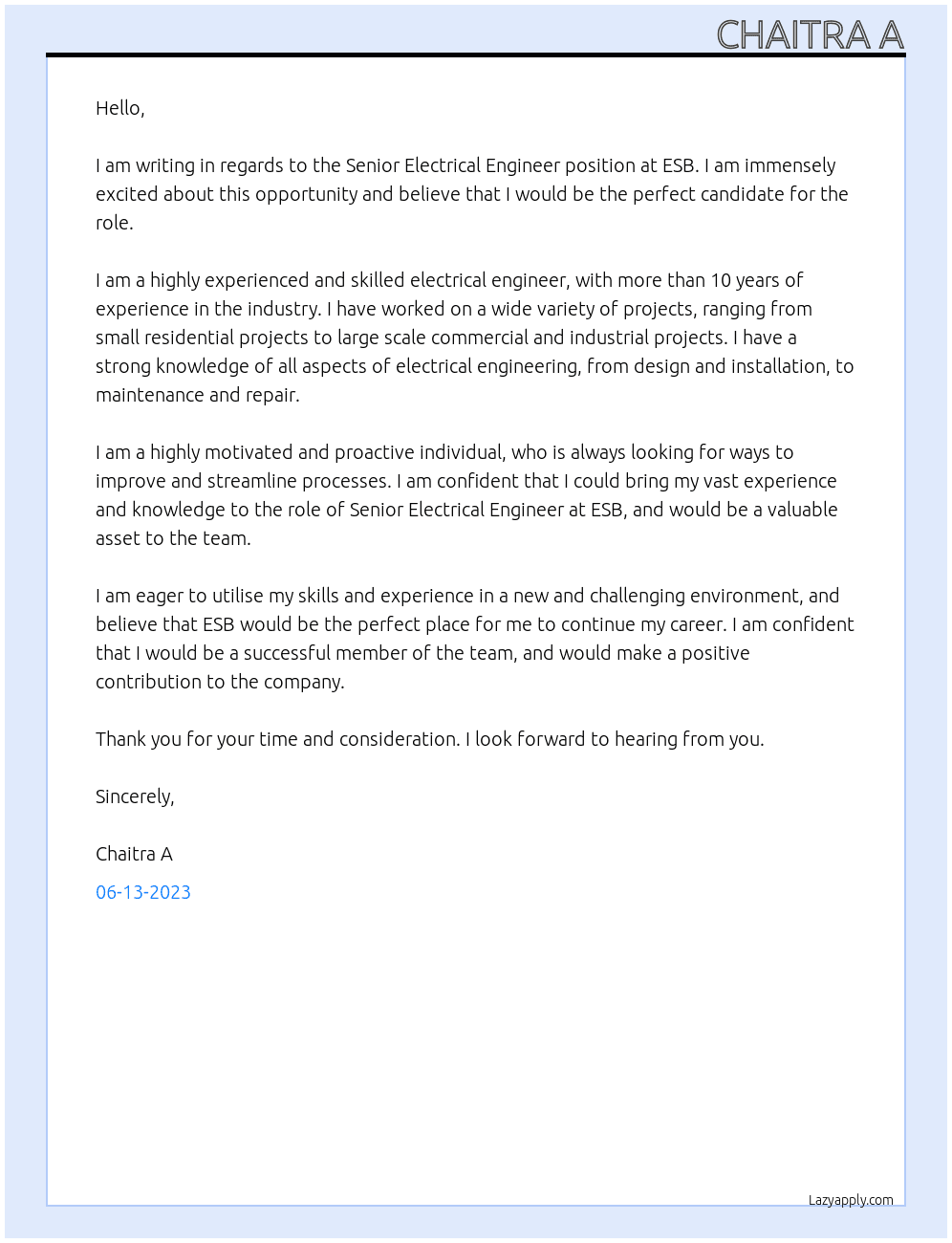 Senior Elelctrical engineer At ESB Cover Letter
