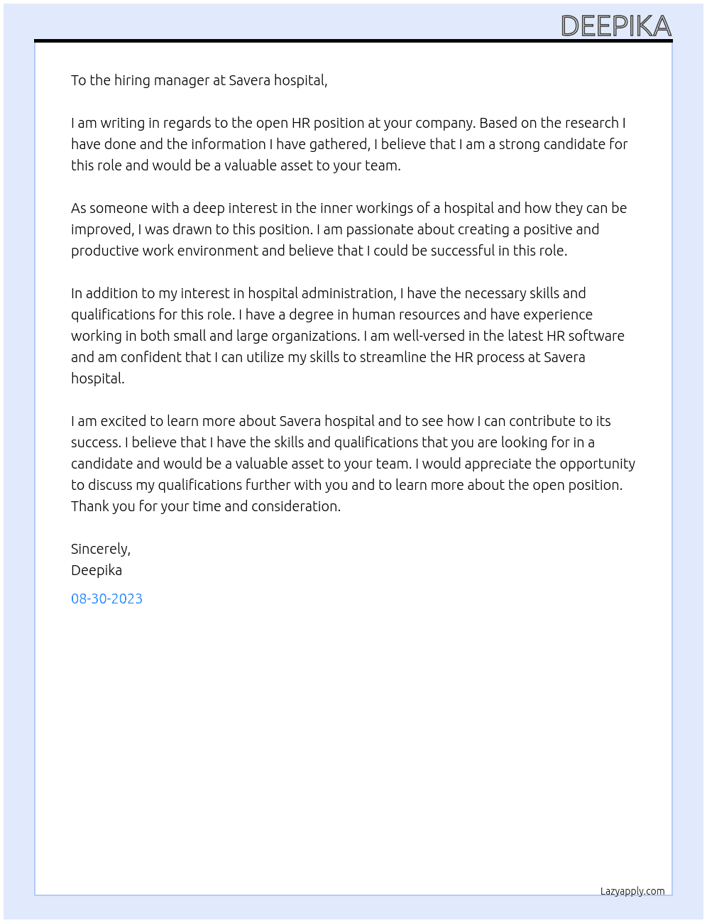 Hr At Hr post  Cover Letter